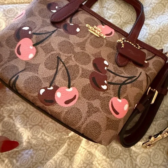 Coach Cherry Print Satchel in Brown and Pink Mini - Picture 3 of 4
